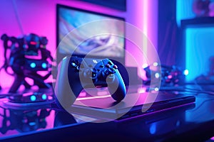 Room with screen with video game and gaming pad controller, created using generative ai technology