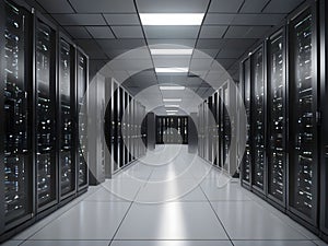 A room with servers, demonstrates a constant flow of data. Data center