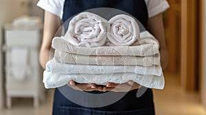 A Room Service Expert Exhibits Her Set of Folded and Organized Towels, Symbolizing Cleanliness and Care