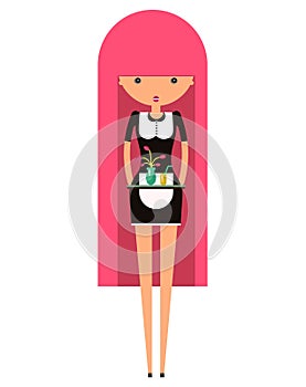 Room service girl with long pink hair, black mini