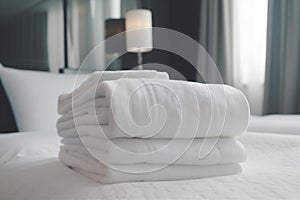 room service resort hotel home bed fresh towel luxury white. Generative AI.