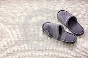 Room Slippers are on a soft rug, the concept of comfort and convenience