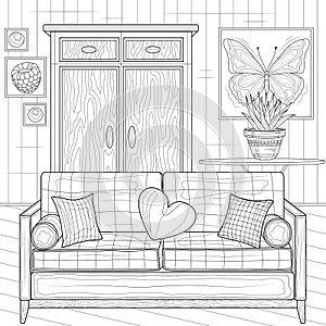 Room with sofa and wardrobe. Interior.Coloring book antistress for children and adults. Zen-tangle style.Black and white