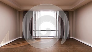 Room with the soft brown wall, wood floor, wide panoramic window and gray curtain.