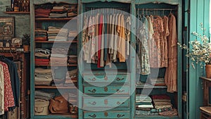 a room with some clothes and dressers in it on a window sill