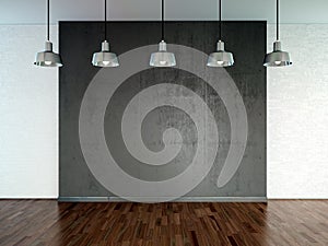 Room with spotlight lamps, empty space with wooden flooring and brick wall as background or backdrop for product placement. 3d r