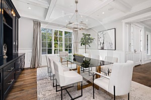 Room with a table and chairs in a new construction home in Encino, California