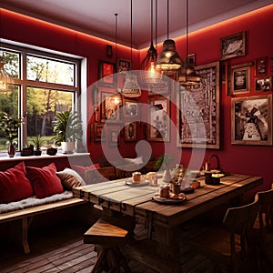 a room with a table, couch, and pictures on the wall Bohemian interior Dining Area with Deep Red