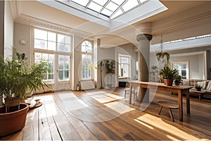 room with tall windows and skylight, providing bright and airy space