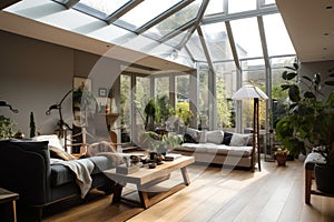 room with tall windows and skylight, providing bright and airy space