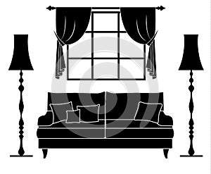 Room template. Vector bedroom silhouette. black white illustration