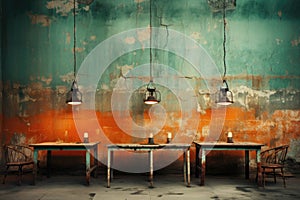 A room with three tables and two chairs, AI