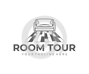 Room tour, interior, sofa and laminate floor, logo design. Home interior, furniture, living room and armchair, vector design