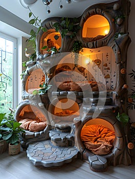 Room with treeshaped bed made of rocks and pumpkininspired tableware