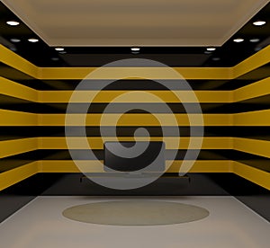 Room with tv and black and yellow walls