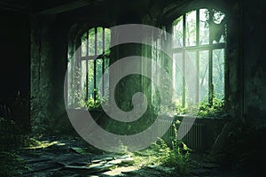 Room with two windows, one of which is open