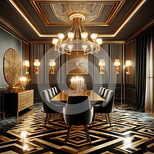 The room uses sharp contrasts in black and gold, illuminated by soft wall sconces