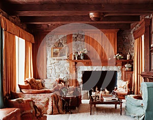 A room with a vintage old-fashioned interior of the 18th century with wood trim. AI generated