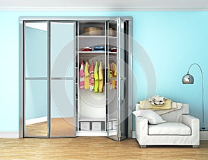 Room wardrobe with sliding doors.