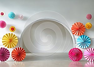 Room with a white wall and archway. The archway is decorated with colorful paper lanterns photo