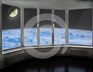 Room window with view to space above Earth`s atmosphere Moon comet and cosmos