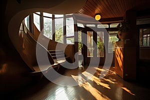 a room with a wooden floor and a curved staircase with a view of the outside of the room through the windows and a planter