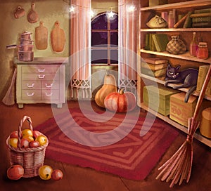 Room of the young sorceress. Black cat, broom and components for magic