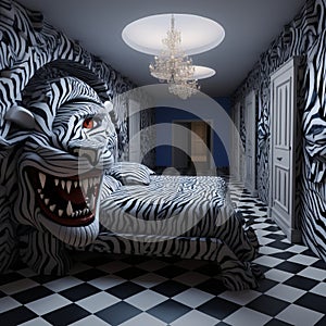 a room with a zebra head on the bed and a chandelier