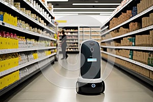 roombot, perusing grocery store aisle with basket in hand