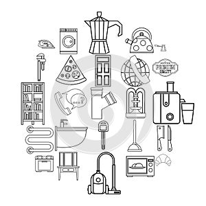 Rooming house icons set, outline style