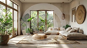 rooms filled with natural light, rattan furniture, plants, and macram, embodying the bohemian living style photo