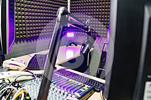 rooms of a professional radio studio. microphone and mixing console.
