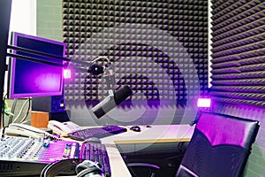 rooms of a professional radio studio. microphone and mixing console.