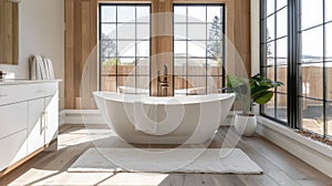 Roomy and modern bath, free tub, minimal design, ample light, peaceful color scheme