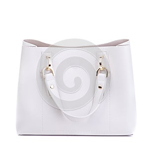 Roomy white leather women\'s hand bag with handles and tag