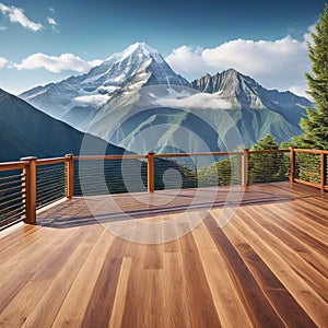 A roomy wooden deck with a stunning mountain view and great