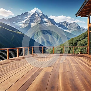 A roomy wooden deck with a stunning mountain view and great