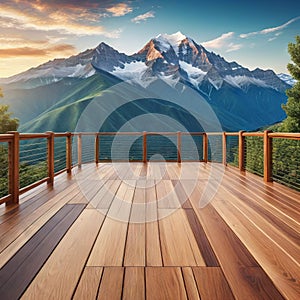 A roomy wooden deck with a stunning mountain view and great