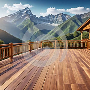 A roomy wooden deck with a stunning mountain view and great