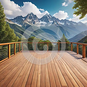 A roomy wooden deck with a stunning mountain view and great