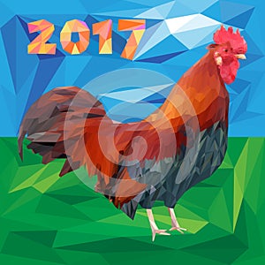 Rooster and 2017 numbers in polygon style on a landscape background. Red fiery is a new year symbol.