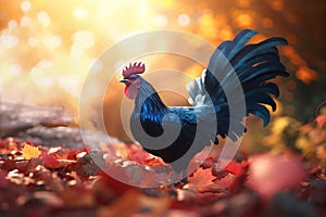 Rooster in autumn leaves. Generate ai