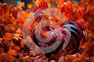 Rooster in autumn leaves. Generate ai