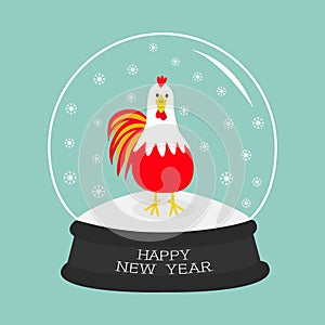 Rooster bird. Crystal ball with snowflakes. 2017 Happy New Year symbol Chinese calendar. Cute cartoon funny character Big fea