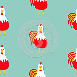 Rooster bird. Seamless Pattern. 2017 Happy New Year symbol Chinese calendar. Cute cartoon funny character with big feather ta