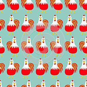 Rooster bird. Seamless Pattern. 2017 Happy New Year symbol Chinese calendar. Cute cartoon funny character with big feather ta