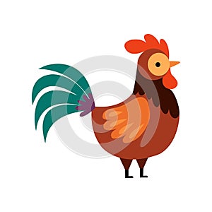 Rooster with Bright Plumage, Farm Cock, Side View, Poultry Farming Vector Illustration