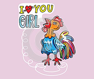 Rooster call You girl Cartoon, sign and symbol illustration design