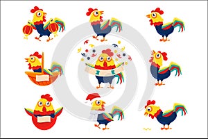 Rooster Cartoon Character Set With A Cock Representing Chinese Zodiac Symbol Of New Year 2017
