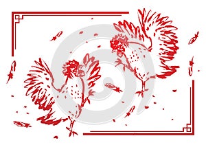 Rooster chickens fighting illustration ink brush stroke design